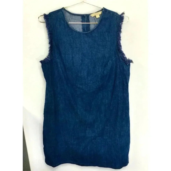 Hope & Harlow Women’s Size 10 Jean Shift Dress Blue Medium Wash Denim Raw Fringe - Picture 1 of 10